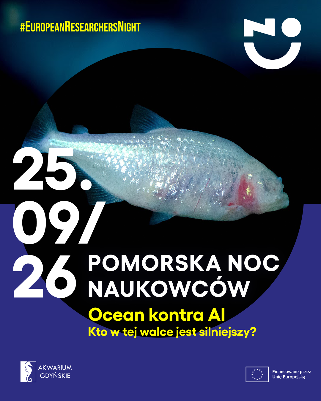 Grafika Pomorskiej Nocy Naukowców. Na grafice widać rybę ślepczyka i datę wydarzenia - 25.09.2026.