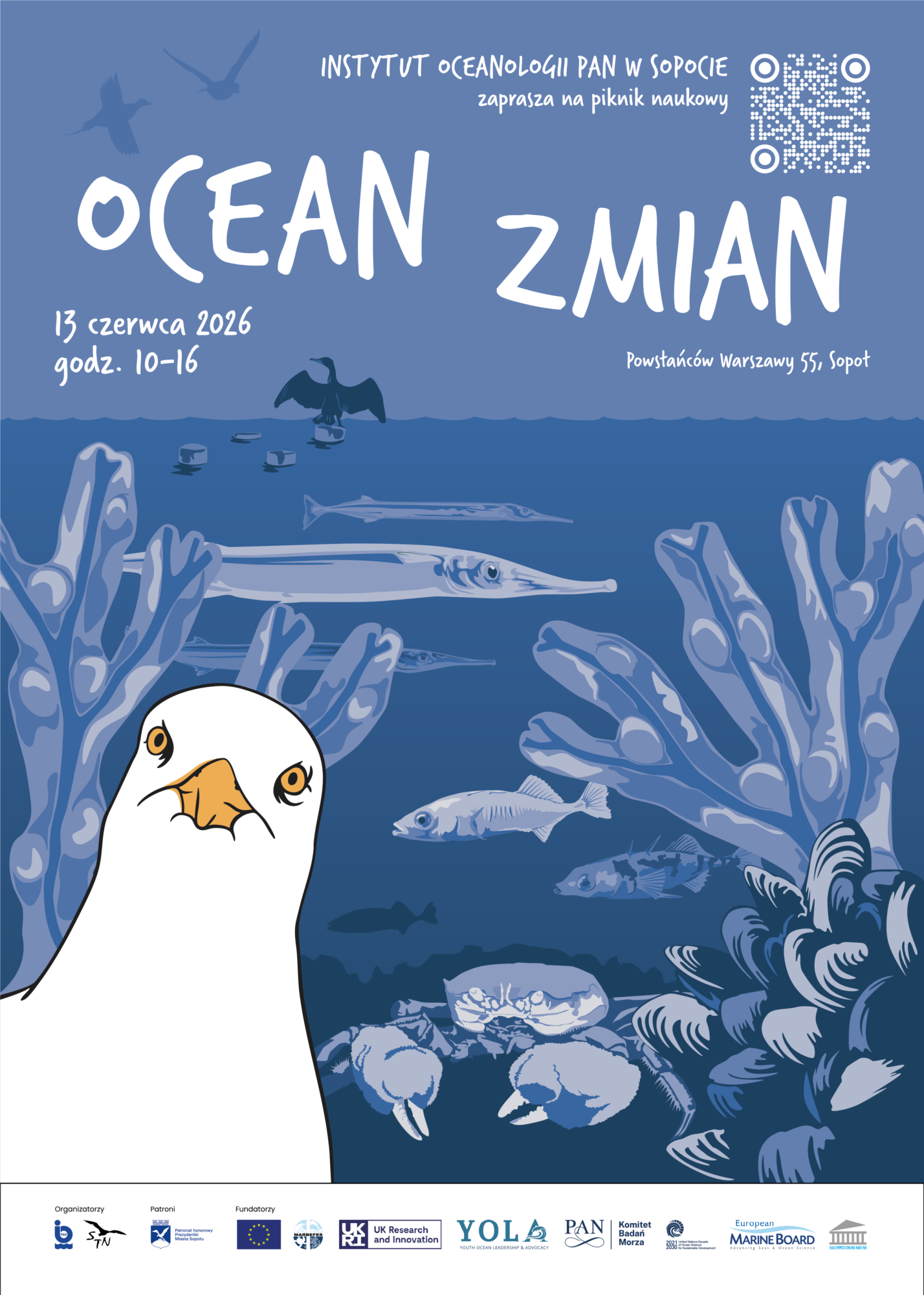 Plakat pikniku naukowego „Ocean Zmian” organizowanego przez Instytut Oceanologii PAN w Sopocie. Grafika przedstawia podwodną scenę w odcieniach błękitu z rybami, krabami, małżami, roślinnością morską i dużą mewą na pierwszym planie. Na plakacie widnieje termin: 13 czerwca 2026, godz. 10:00–16:00, oraz miejsce: Powstańców Warszawy 55, Sopot.