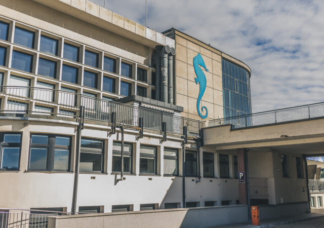 Zdjęcie budynku Akwarium Gdyńskiego od strony Zatoki Gdańskiej. Na budynku widnieje niebieskie logo - konik morski.